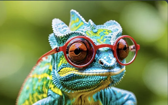 A chameleon wearing red glasses