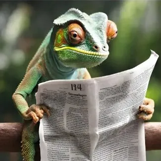 A chameleon reading a newspaper